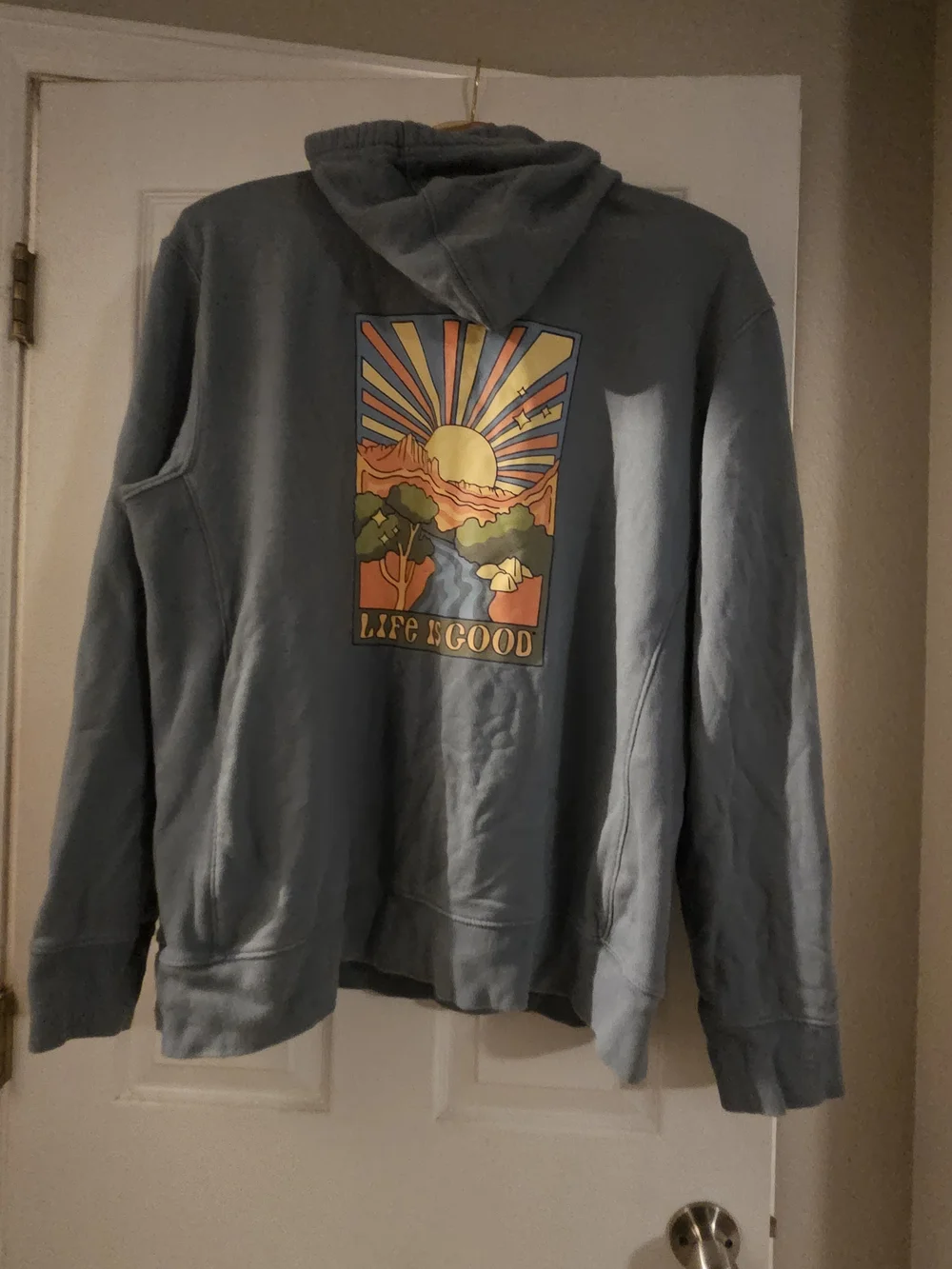 Life Is Good Men's Dusty Blue Hoodie with Sunburst Chest Patch - Picture 2 of 5